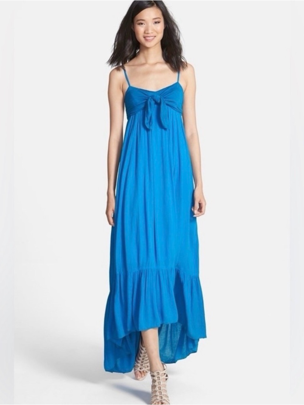 Free People Vibrant Blue Tie-Front Spaghetti Strap Maxi Dress
